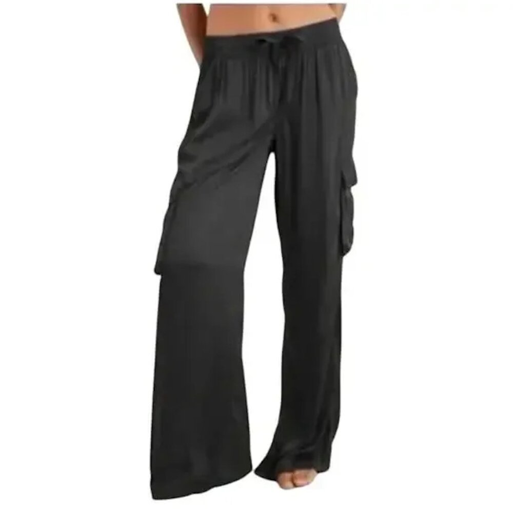 Aerie Satin Wide Leg Shine Cargo Skater Pants Black Size XS Y2K Comfort - Picture 3 of 4